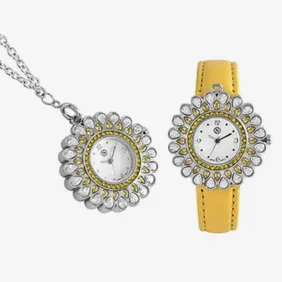  Piece Set Japanese Movement Floral Design Water Resistant Watch with Yellow Colour Strap and Pendan