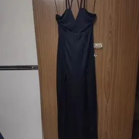 Slinky Black Maxi Dress Size 12. Lovely long slinky dress thick heavy good quality material has 2 fr