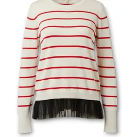 Vera Wang Lightweight Knit Sweater Red Stripe Lace Hem