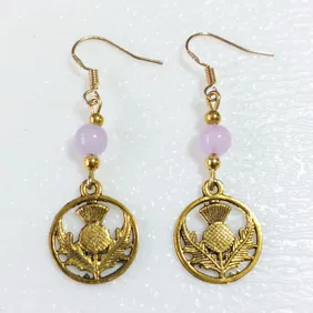 Bright gold Scottish thistle earrings with gold plated ball spacers and lilac gemstone beads on 925