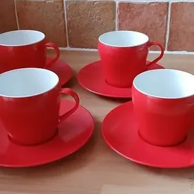 4 x Melmex Melaware Red Cups/Saucers, retro, vintage, camping, campervan