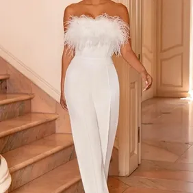 Club L First Class White Bandeau Feather Wide Leg Jumpsuit Size 10 