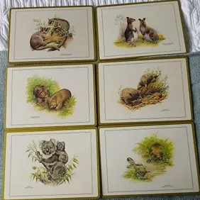 6 x Australian Fauna Place Mats, Stuart, Deidre Hunt art, vintage, retro