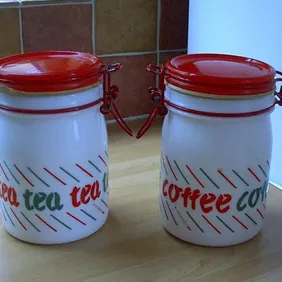 RED ENAMEL CLIP LID TEA/COFFEE Containers, vintage, retro, shabby chic