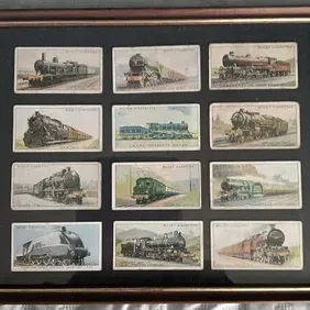 12 Steam Trains Will's Cigarette Cards, framed, retro, vintage