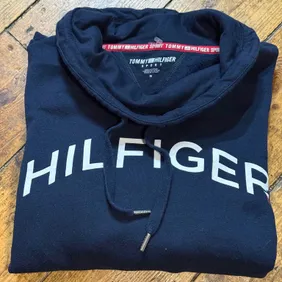 Tommy Hilfiger Sport Hoodie Unisex Medium Navy Blue Spell Out Logo