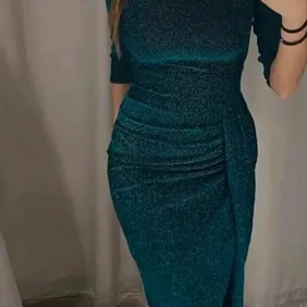 Women Shiny Off Shoulder Ruched Thigh Slit Dress size L 10-12 uk