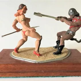 Phoenix “Thorean Axeman versus Atlantean Guard” Vintage Lead Soldiers on Wooden Plinth