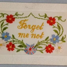 WW1 Silk Postcard, Forget Me Not with Union Flag, 1914 to 1918