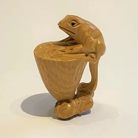 Netsuke in Wood, Hand Carved & Signed; Frog