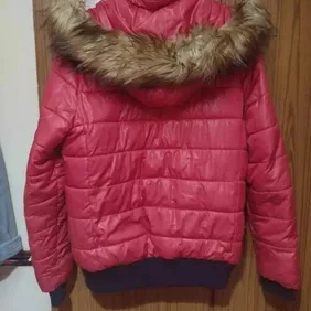 Red fur lined Puffer jacketsize 12 has fleece collar and fur inside ribbed bottom and cuffs and nice