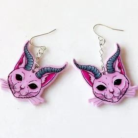 Beautiful pink acrylic Siamese Cat earrings swinging on a silver plated chain with silver plated hoo