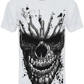 Grindstore Men's Large (40-42 UK) Carved Skull Sub T-Shirt - White, Band Collar, Regular Fit, Short 