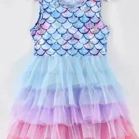 Girls pretty mermaid dress with layers of lace and colour very floaty can be worn at parties or for 