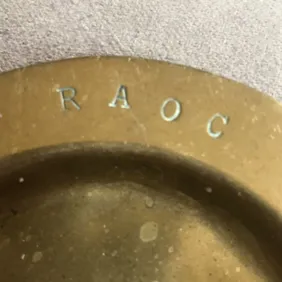 WW2 RAOC Ashtray trench art brass Spud engraved with RAOC and name SPUD Royal Army Ordnance Corps Wo