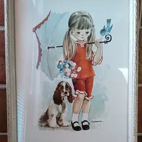 Girl in Red Suit w/ Umbrella & Puppy, Fusimanya, framed print, 60s retro vintage