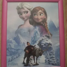 Large Frozen picture in pink frame. Approx 58cm (h) x 47cm (w) and with a perspex front. Excellent c