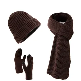 Luxurious 3-in-1 Women's Wool Set – Cable Knit Beanie, Scarf, Gloves | Coffee Brown