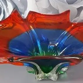 Murano Glass Bowl, Large 18", Red/Blue/Green, Twisted Arms, 1950s