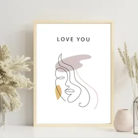 Minimalist Line Art Print, Abstract Face with Love You Quote | Modern Wall Art Digital Download 