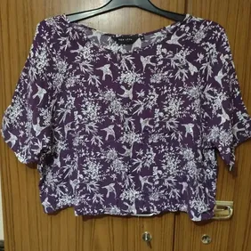 Purple Crop Top Size 10 New Look Has bird and flower print  and sequins over the top never worn