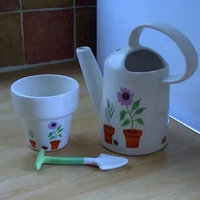 WHITARD 'GARDENING' WATERING CAN MILK JUG & FLOWER POT SUGAR BOWL w/ SPADE SPOON