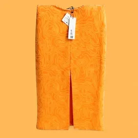 BNWT. Zara Orange Swirl Print Midi Skirt with Slit (L)