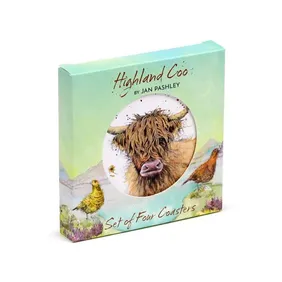 Jan Pashley Highland Coo Cork Coasters - Set of 4, New with Free UK Shipping