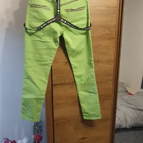 New neon green Puccihino boyfriend pants with sequins and rhinestones and detachable suspenders Size