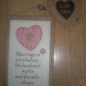 Brand new wooden hanging ornament with message written on front and string for hanging, approx 18cm 