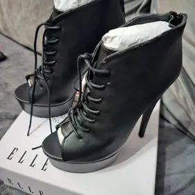 Elle Black Faux Leather Ankle Boot Heels