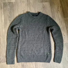 FIRETRAP Jumper Pullover Mens L Grey Speckled Cable Knit Wool Blend Crew Neck