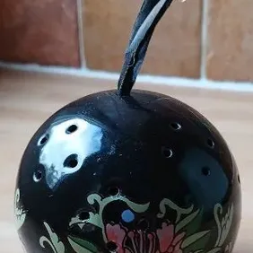 Black Floral Pomander, Ceramic, hanging cord, Vintage, Retro
