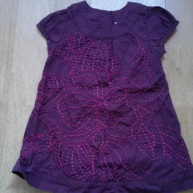 Girls dark purple, short sleeve dress with embroidered flower pattern on front and button fastening 