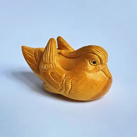 Netsuke in Wood, Hand Carved & Signed; Mandarin Duck