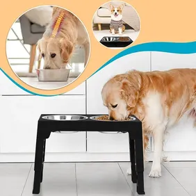 Adjustable Height Dog Bowl Stand - Stainless Steel & Black ABS, 5-Level