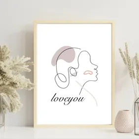 Minimalist Line Art Printable Wall Art "Love You" Abstract Face Drawing, Modern Boho Digital Downloa