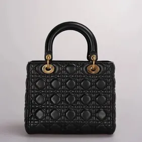 Christian Dior Black Medium Lady Dior Bag in Cannage Lambskin Leather with Gold Hardware