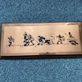 Vintage Retro Royal Sable Copperware plate Lion hunting tribes Engraving Rhodesia.