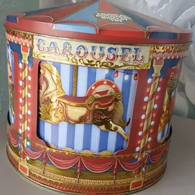 Carousel Rotating Musical Biscuit/Cake Tin, Silver Crane Co., Debenhams, empty