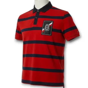 Tommy Hilfiger XL Regular Fit Striped Polo Red Navy Crest Patch 100% Cotton