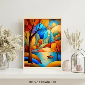 Whimsical Autumn Lake, Colorful Cubist Landscape Wall Art | Digital Download 