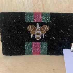 Beautiful Classic Black Clutch Bag with Glass beaded detail with a Stripe and Bee Design