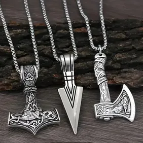 New! Set of 3 Viking Style Pendants with chains Double-Sided Axe, Celtic Wolf and Raven. 