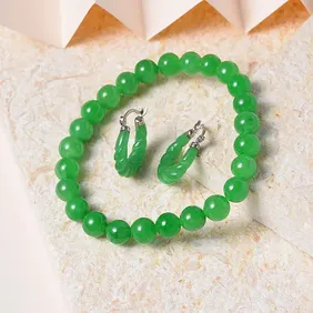 New! AAA Green Jade Beads Bracelet and Hoop Earrings in Rhodium Overlay Sterling Silver.