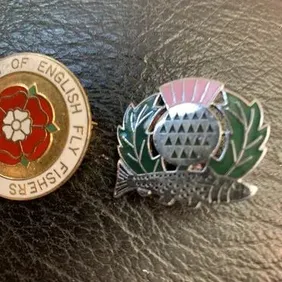 Vintage Collectible Lapel Badges: English Fly Fishers & Scottish Thistle Salmon