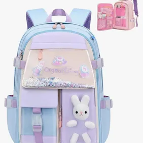 Kawaii Bunny Primary Girls Backpacks School book Bags Refrigerator Front Pocket,