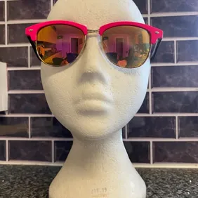 Sunglasses, with pink / gold mirrored lens, Pink frames and tortoise shell arms