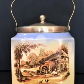 Biscuit Barrel by L & Sons, Hanley England. Antique 1906-20 Ceramic Silver Plate