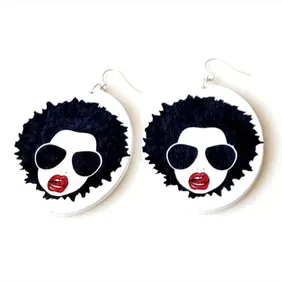Big wooden woman facial expression attitude earrings on silver plated hooks